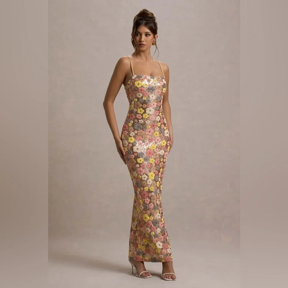 Floral Sequin Square-Neck Maxi Dress - Medium size - Picture 6 of 7